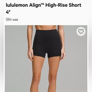 Lululemon Black Align High Rise Short 4” - Size 12
